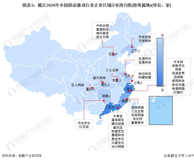 图表5：截至2024年中国移动游戏行业企业区域分布热力图(按所属地)(单位：家)